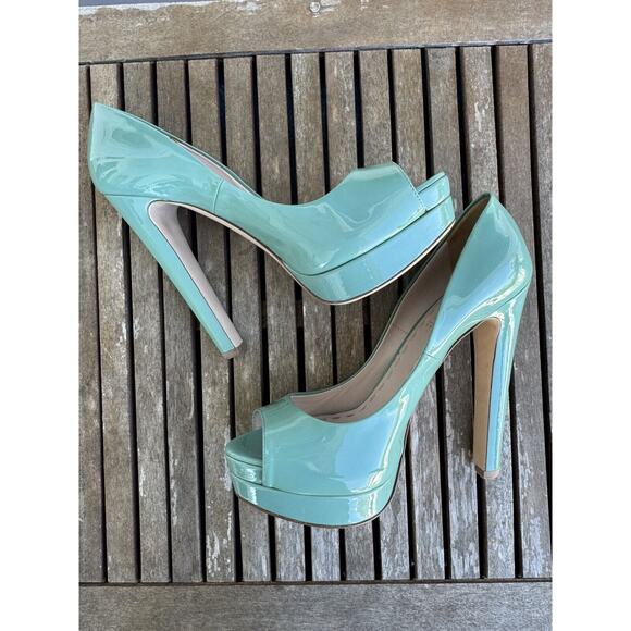 MIU MIU Seafoam Green Patent Leather Peep Toe Platform Pump Heels Size 39 - Picture 3 of 8